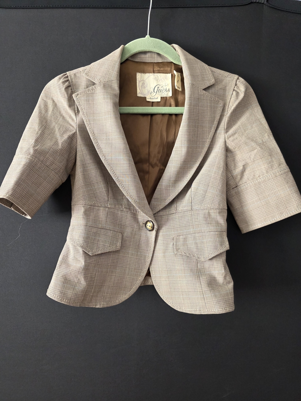 Guess Short-Sleeve Plaid Blazer in Beige and Brown Tones